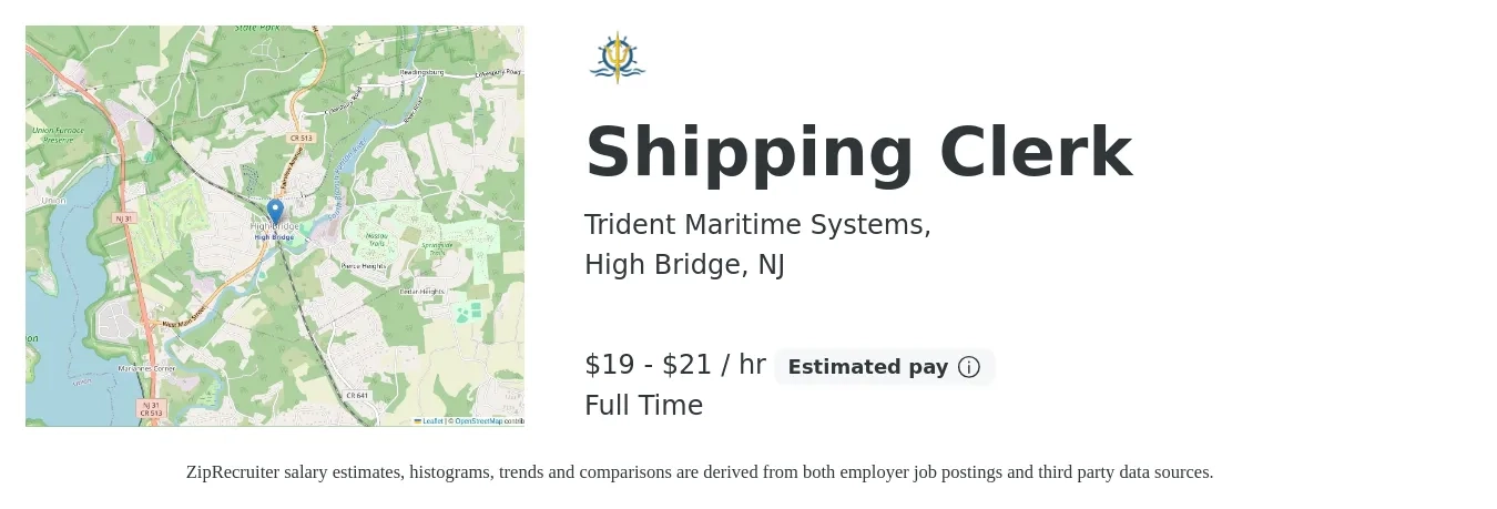 Trident Maritime Systems, job posting for a Shipping Clerk in High Bridge, NJ with a salary of $20 to $22 Hourly with a map of High Bridge location.