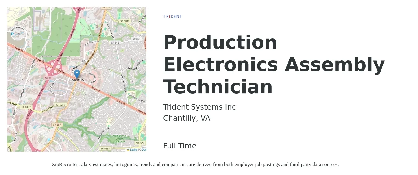 Trident Systems Inc job posting for a Production Electronics Assembly Technician in Chantilly, VA with a salary of $18 to $23 Hourly with a map of Chantilly location.