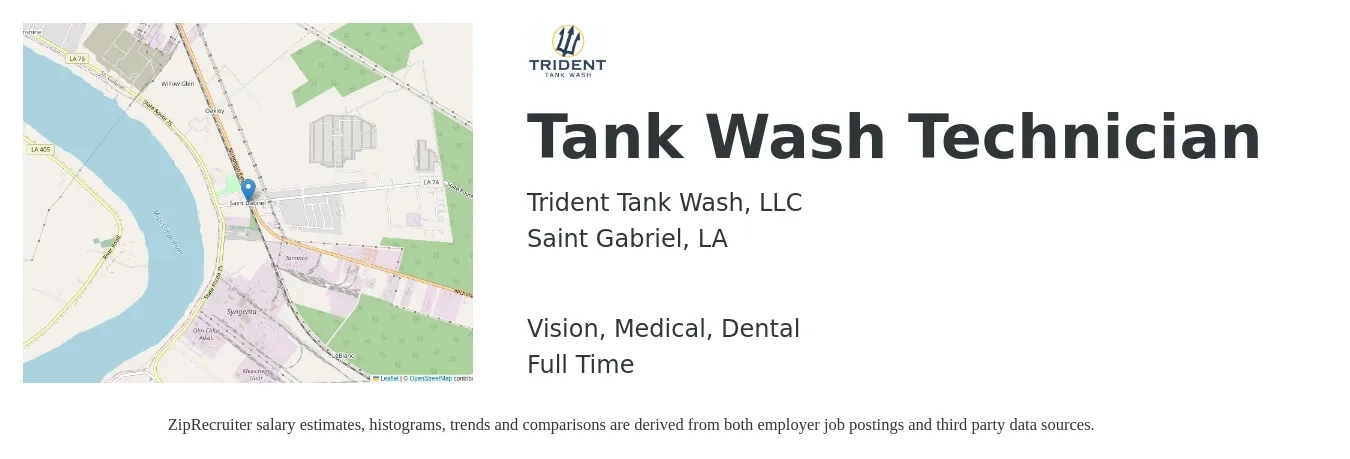 Trident Tank Wash, LLC job posting for a Tank Wash Technician in Saint Gabriel, LA with a salary of $16 to $21 Hourly and benefits including dental, life_insurance, medical, retirement, and vision with a map of Saint Gabriel location.