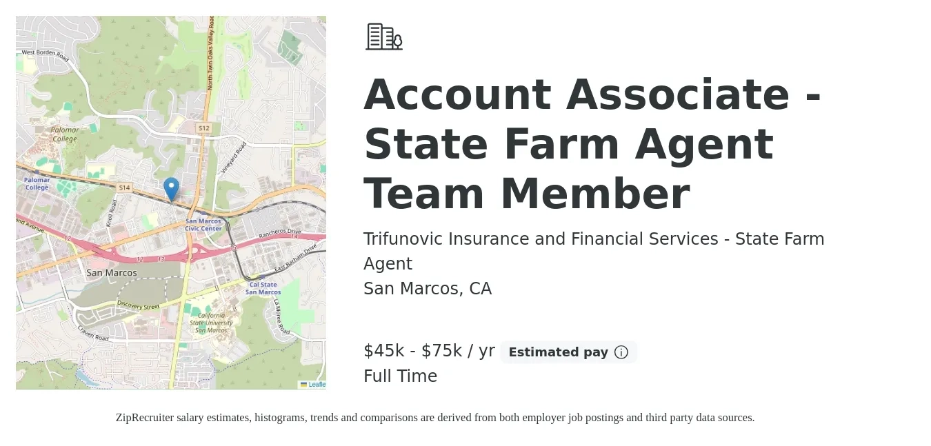 Trifunovic Insurance and Financial Services - State Farm Agent job posting for a Account Associate - State Farm Agent Team Member in San Marcos, CA with a salary of $45,000 to $75,000 Yearly with a map of San Marcos location.