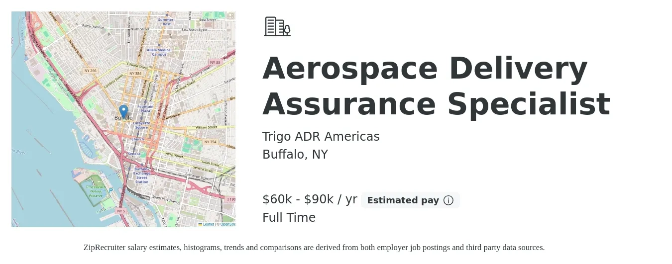 Trigo ADR Americas job posting for a Aerospace Delivery Assurance Specialist in Buffalo, NY with a salary of $60,000 to $90,000 Yearly with a map of Buffalo location.