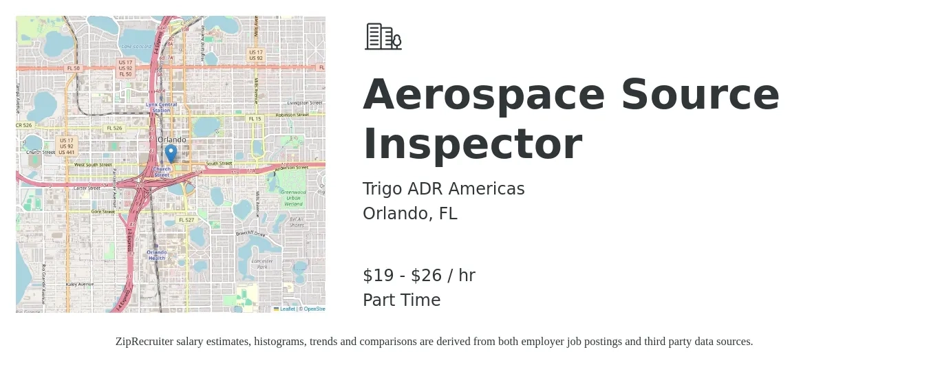 Trigo ADR Americas job posting for a Aerospace Source Inspector in Orlando, FL with a salary of $22 to $28 Hourly with a map of Orlando location.