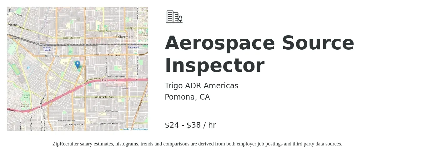Trigo ADR Americas job posting for a Aerospace Source Inspector in Pomona, CA with a salary of $25 to $40 Hourly with a map of Pomona location.