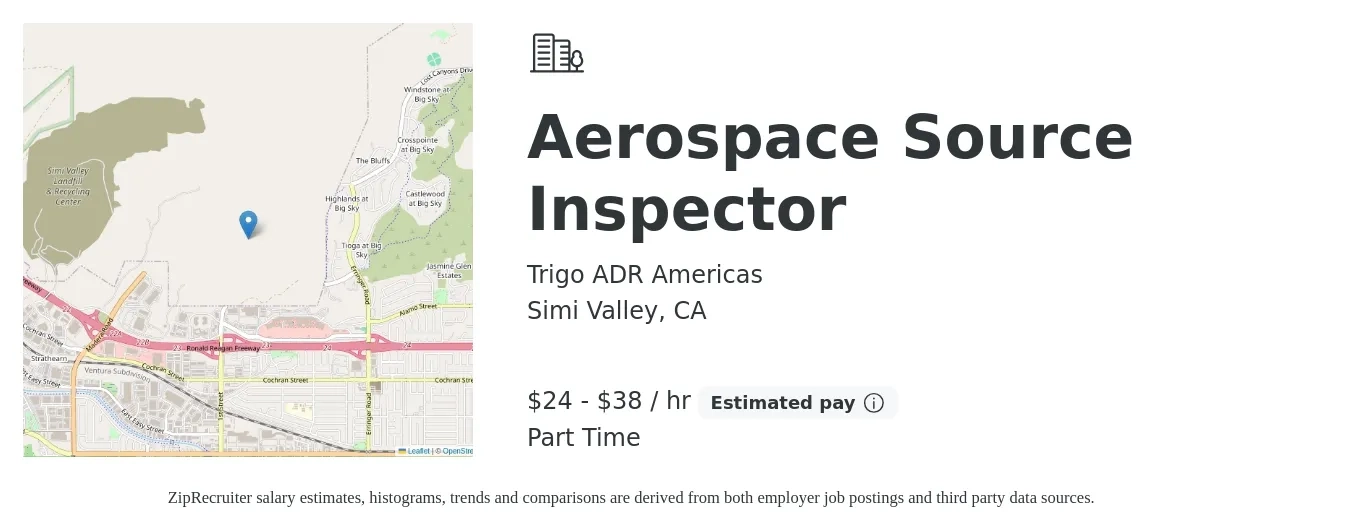 Trigo ADR Americas job posting for a Aerospace Source Inspector in Simi Valley, CA with a salary of $25 to $40 Hourly with a map of Simi Valley location.