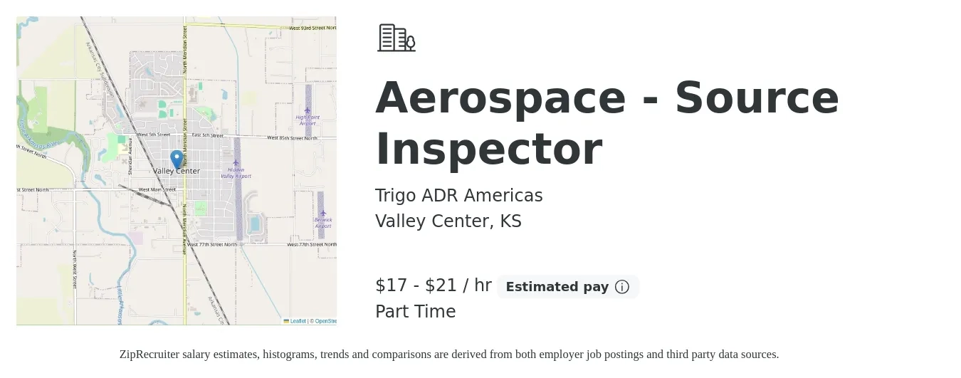 Trigo ADR Americas job posting for a Aerospace - Source Inspector in Valley Center, KS with a salary of $18 to $22 Hourly with a map of Valley Center location.