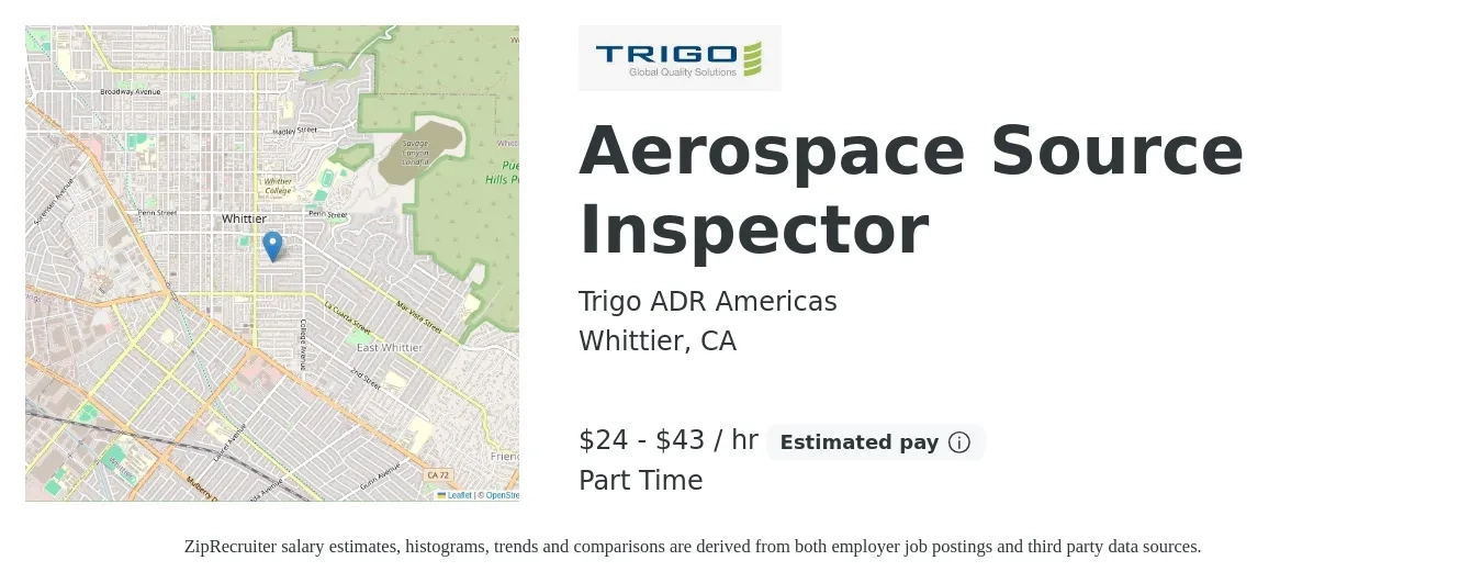 Trigo ADR Americas job posting for a Aerospace Source Inspector in Whittier, CA with a salary of $25 to $45 Hourly with a map of Whittier location.