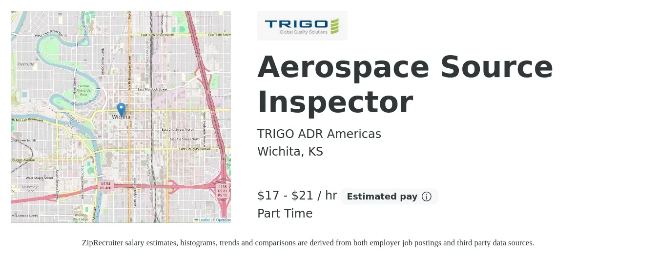 Trigo ADR Americas job posting for a Aerospace Source Inspector in Wichita, KS with a salary of $18 to $22 Hourly and benefits including vision, dental, life_insurance, medical, and retirement with a map of Wichita location.