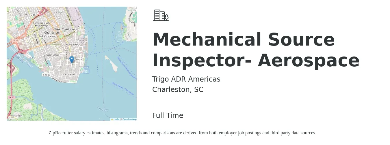 Trigo ADR Americas job posting for a Mechanical Source Inspector- Aerospace in Charleston, SC with a salary of $25 to $40 Hourly with a map of Charleston location.