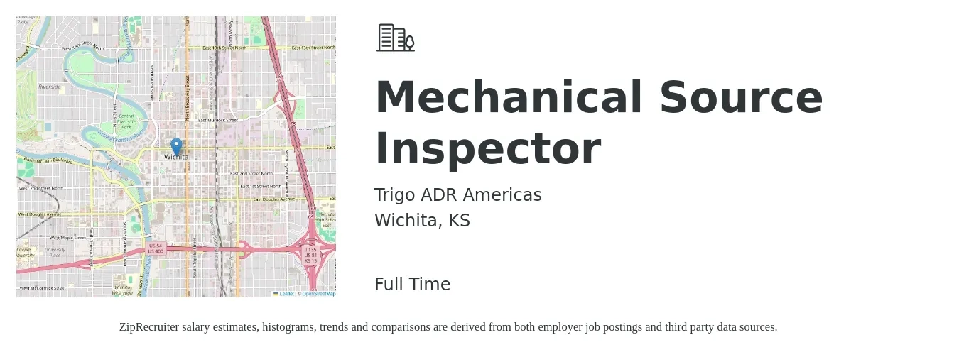 TRIGO ADR Americas job posting for a Mechanical Source Inspector in Wichita, KS with a salary of $22 to $30 Hourly with a map of Wichita location.