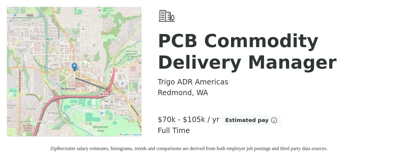 Trigo ADR Americas job posting for a PCB Commodity Delivery Manager in Redmond, WA with a salary of $70,000 to $105,000 Yearly with a map of Redmond location.