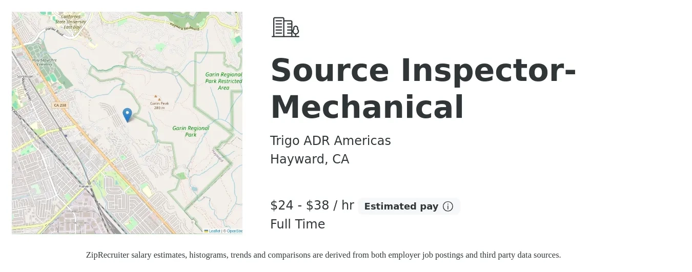 Trigo ADR Americas job posting for a Source Inspector- Mechanical in Hayward, CA with a salary of $25 to $40 Hourly with a map of Hayward location.