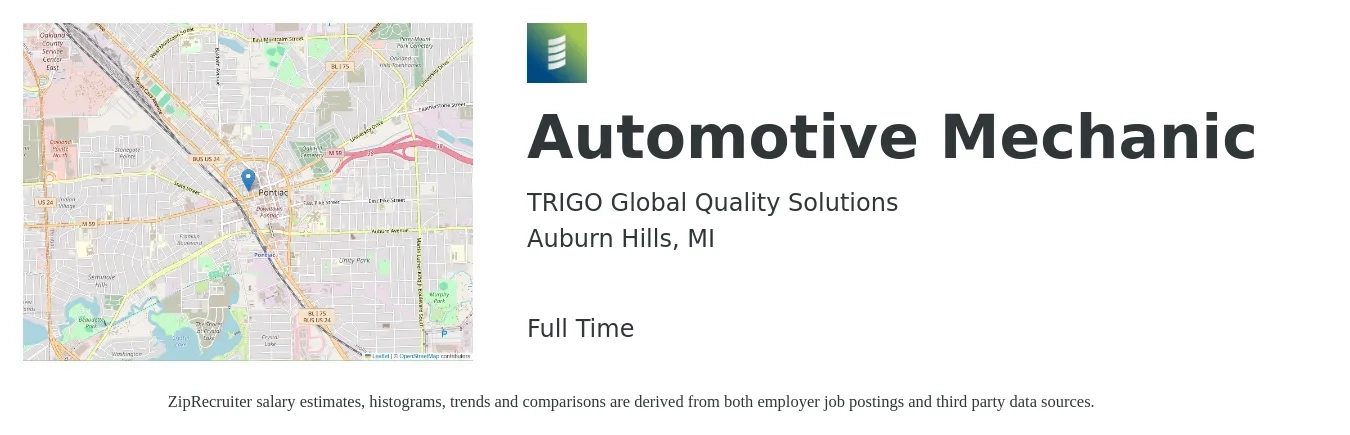 TRIGO Global Quality Solutions job posting for a Automotive Mechanic in Auburn Hills, MI with a salary of $20 to $29 Hourly with a map of Auburn Hills location.
