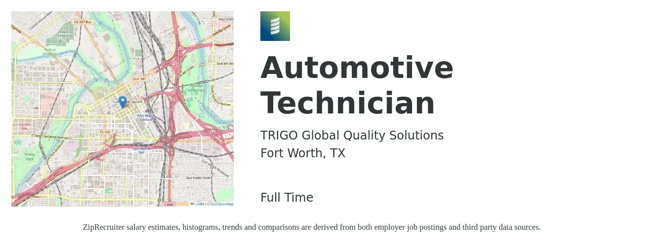 TRIGO Global Quality Solutions job posting for a Automotive Technician in Fort Worth, TX with a salary of $20 to $31 Hourly with a map of Fort Worth location.