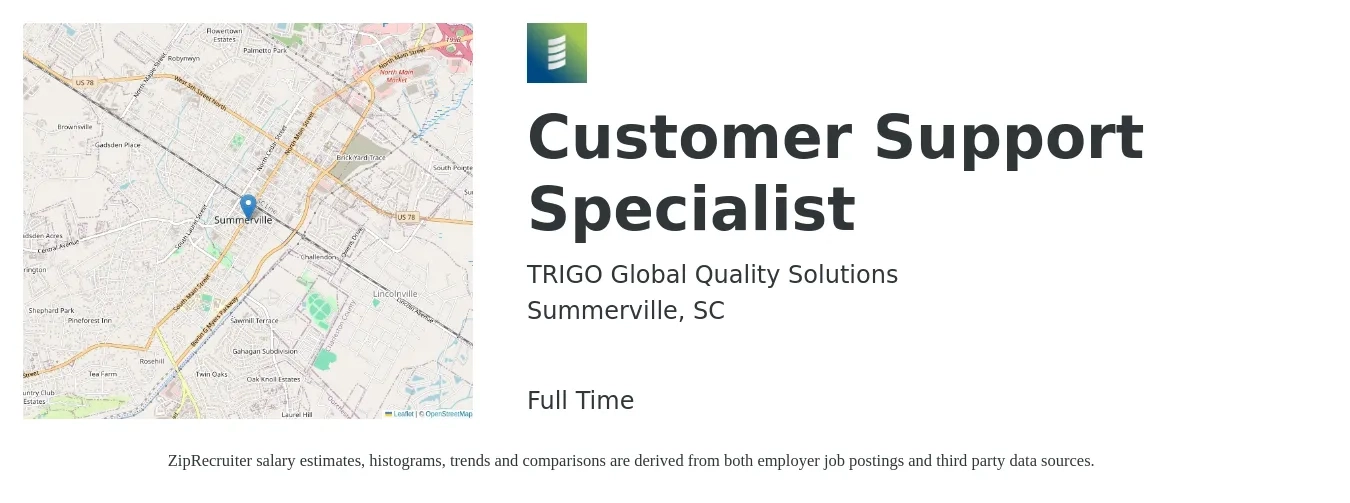 TRIGO Global Quality Solutions job posting for a Customer Support Specialist in Summerville, SC with a salary of $16 to $22 Hourly with a map of Summerville location.