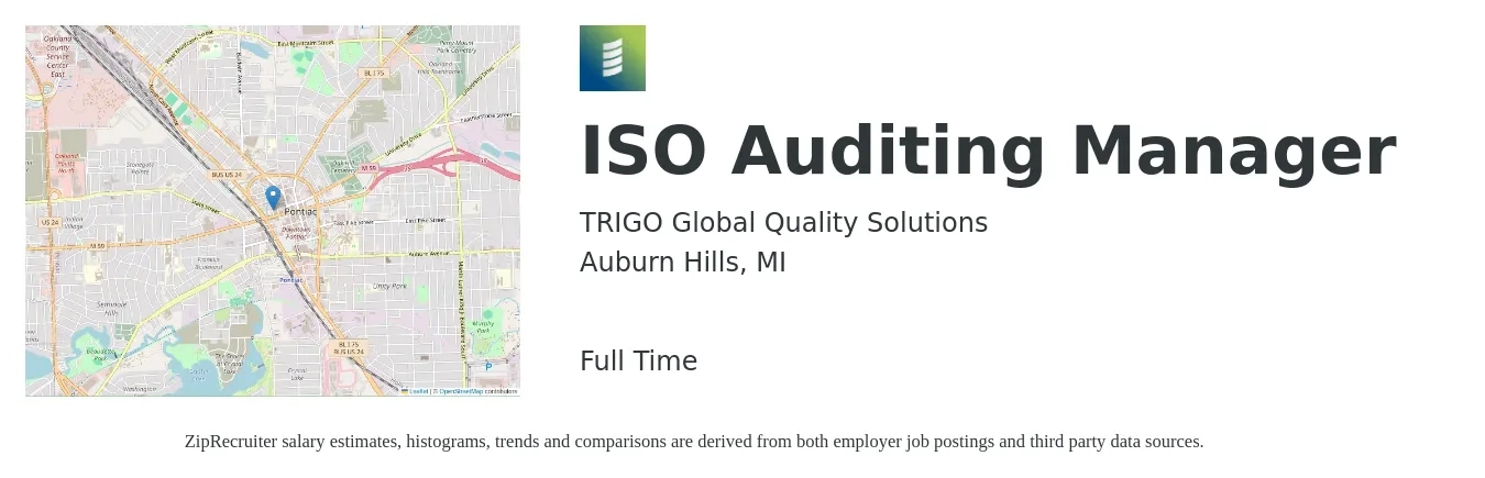 TRIGO Global Quality Solutions job posting for a ISO Auditing Manager in Auburn Hills, MI with a salary of $41,600 to $128,700 Yearly with a map of Auburn Hills location.
