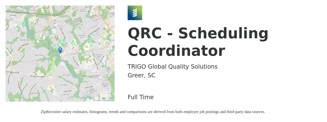 TRIGO Global Quality Solutions job posting for a QRC - Scheduling Coordinator in Greer, SC with a salary of $17 to $21 Hourly with a map of Greer location.