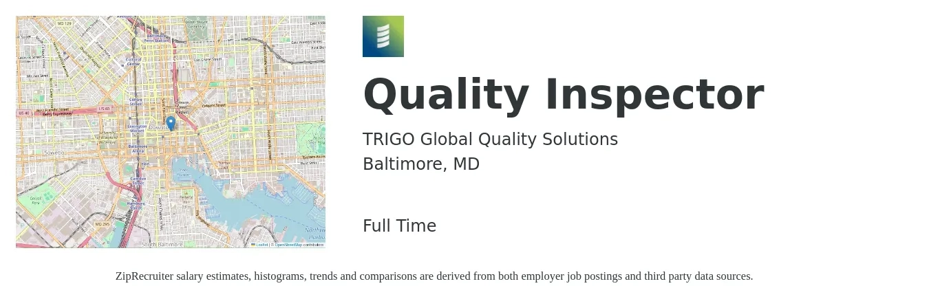 TRIGO Global Quality Solutions job posting for a Quality Inspector in Baltimore, MD with a salary of $17 to $24 Hourly with a map of Baltimore location.