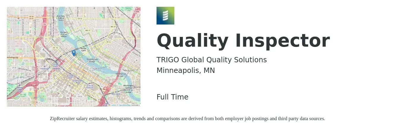 TRIGO Global Quality Solutions job posting for a Quality Inspector in Minneapolis, MN with a salary of $18 to $25 Hourly with a map of Minneapolis location.