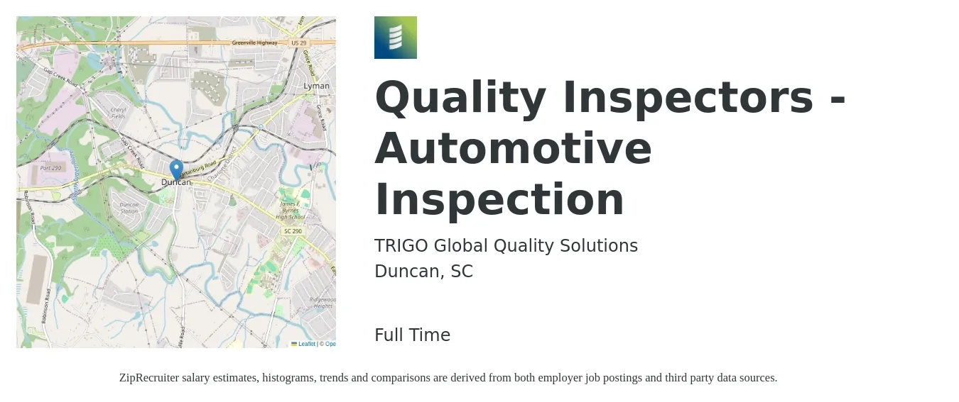 TRIGO Global Quality Solutions job posting for a Quality Inspectors - Automotive Inspection in Duncan, SC with a salary of $16 to $22 Hourly with a map of Duncan location.