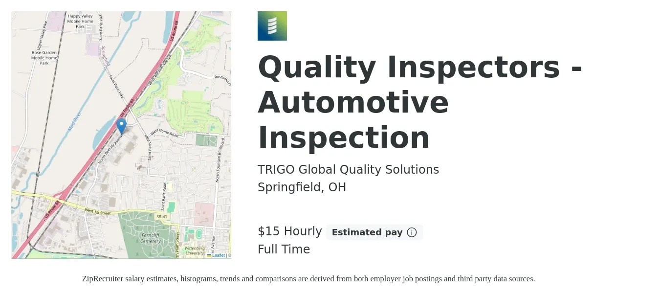 TRIGO Global Quality Solutions job posting for a Quality Inspectors - Automotive Inspection in Springfield, OH with a salary of $16 Hourly with a map of Springfield location.