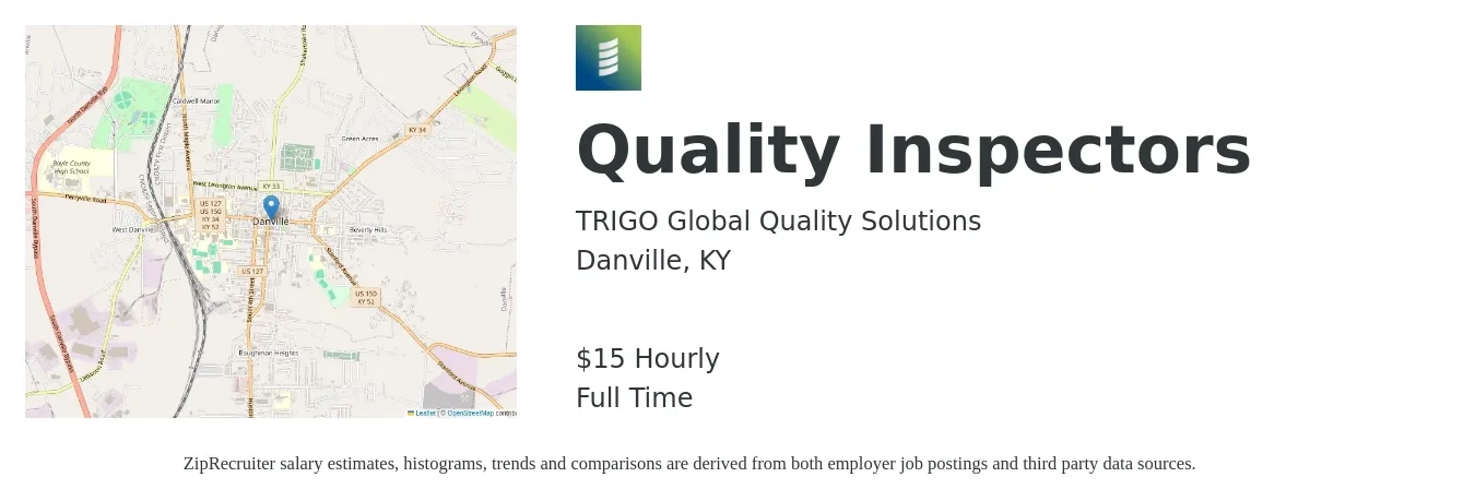 TRIGO Global Quality Solutions job posting for a Quality Inspectors in Danville, KY with a salary of $16 Hourly with a map of Danville location.