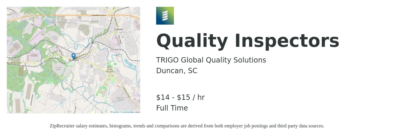 TRIGO Global Quality Solutions job posting for a Quality Inspectors in Duncan, SC with a salary of $16 to $22 Hourly with a map of Duncan location.