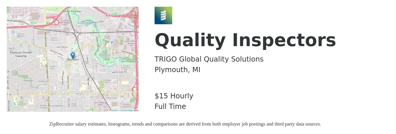 TRIGO Global Quality Solutions job posting for a Quality Inspectors in Plymouth, MI with a salary of $16 Hourly with a map of Plymouth location.