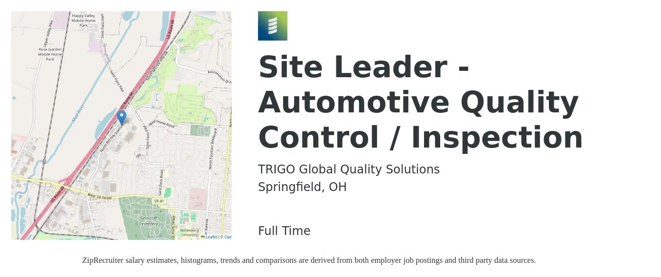 TRIGO Global Quality Solutions job posting for a Site Leader - Automotive Quality Control / Inspection in Springfield, OH with a salary of $18 to $35 Hourly with a map of Springfield location.