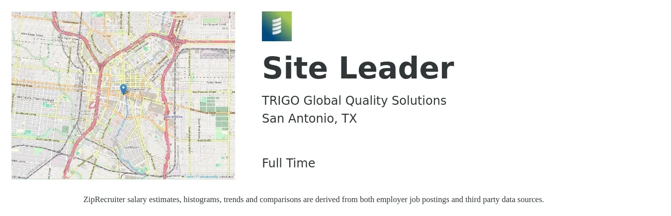 TRIGO Global Quality Solutions job posting for a Site Leader in San Antonio, TX with a salary of $17 to $35 Hourly with a map of San Antonio location.
