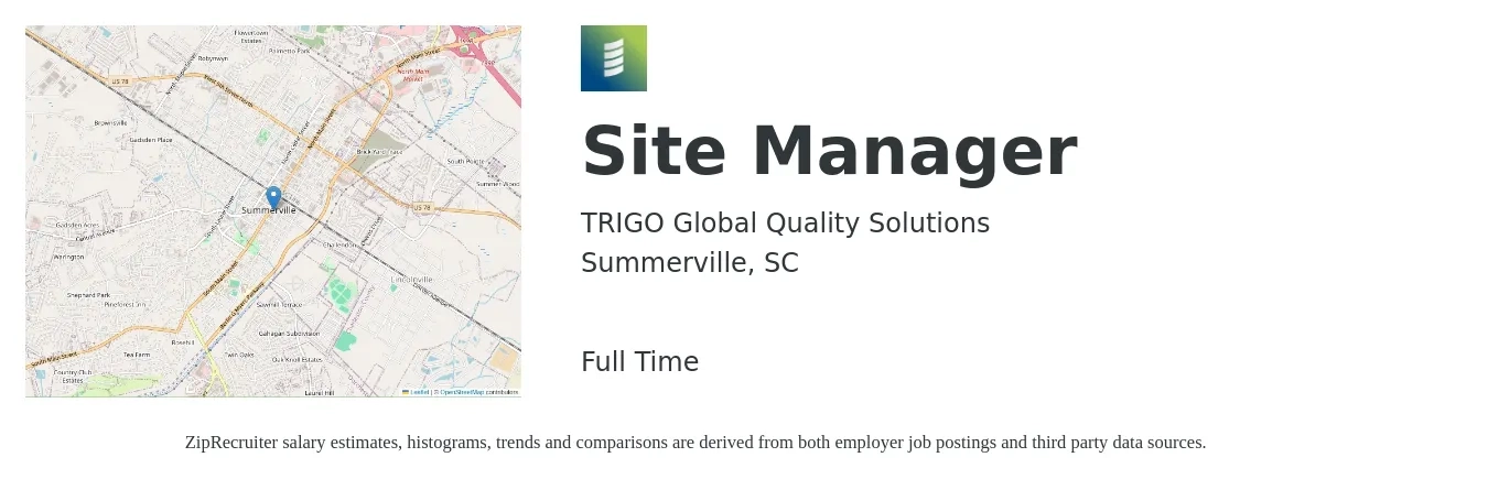 TRIGO Global Quality Solutions job posting for a Site Manager in Summerville, SC with a salary of $44,900 to $108,600 Yearly with a map of Summerville location.