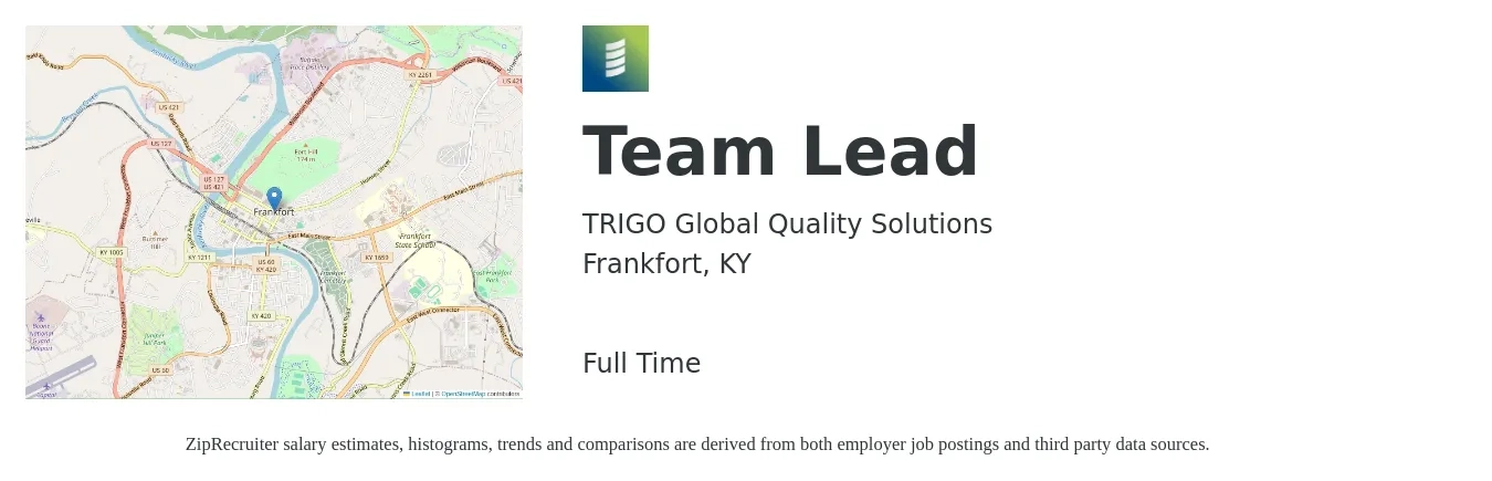 TRIGO Global Quality Solutions job posting for a Team Lead in Frankfort, KY with a salary of $14 to $22 Hourly with a map of Frankfort location.