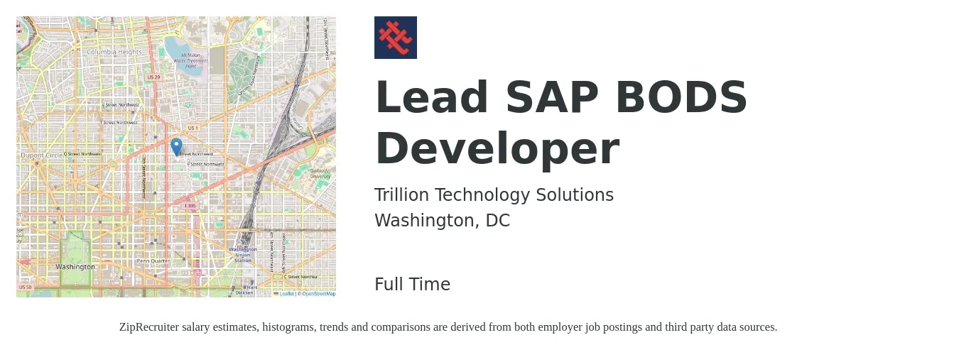 Trillion Technology Solutions job posting for a Lead SAP BODS Developer in Washington, DC with a salary of $64 to $84 Hourly with a map of Washington location.