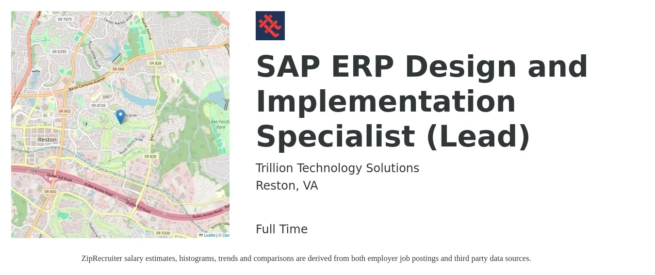 Trillion Technology Solutions job posting for a SAP ERP Design and Implementation Specialist (Lead) in Reston, VA with a salary of $95,100 to $143,700 Yearly with a map of Reston location.