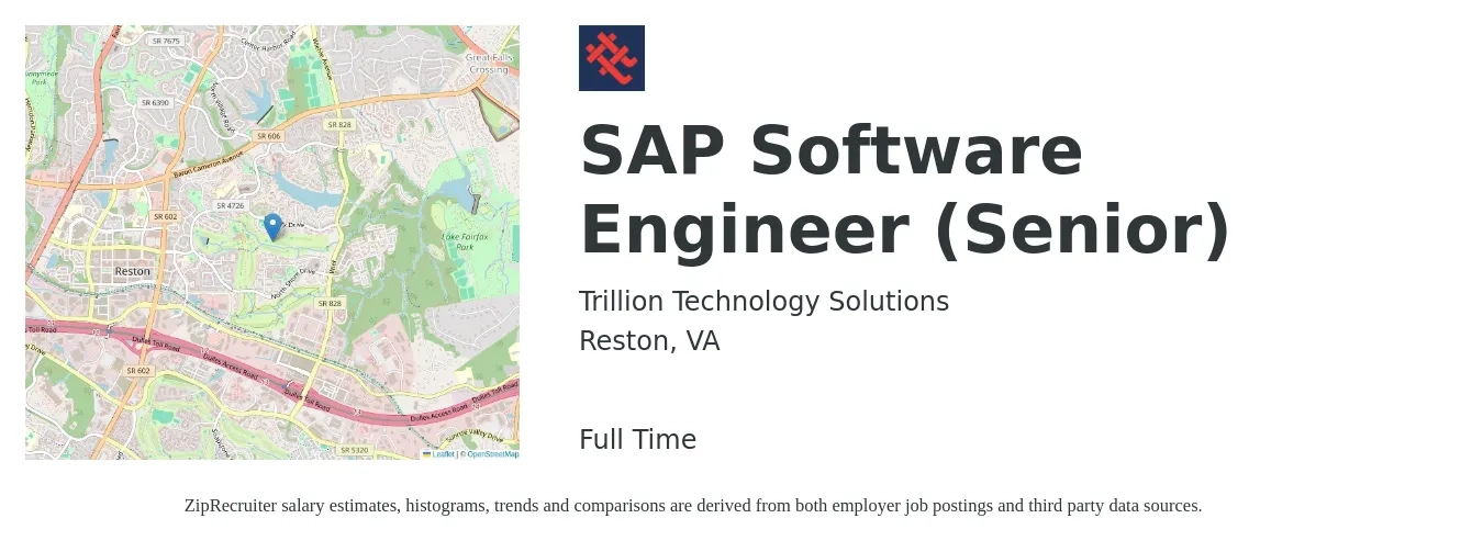 Trillion Technology Solutions job posting for a SAP Software Engineer (Senior) in Reston, VA with a salary of $129,500 to $170,700 Yearly with a map of Reston location.