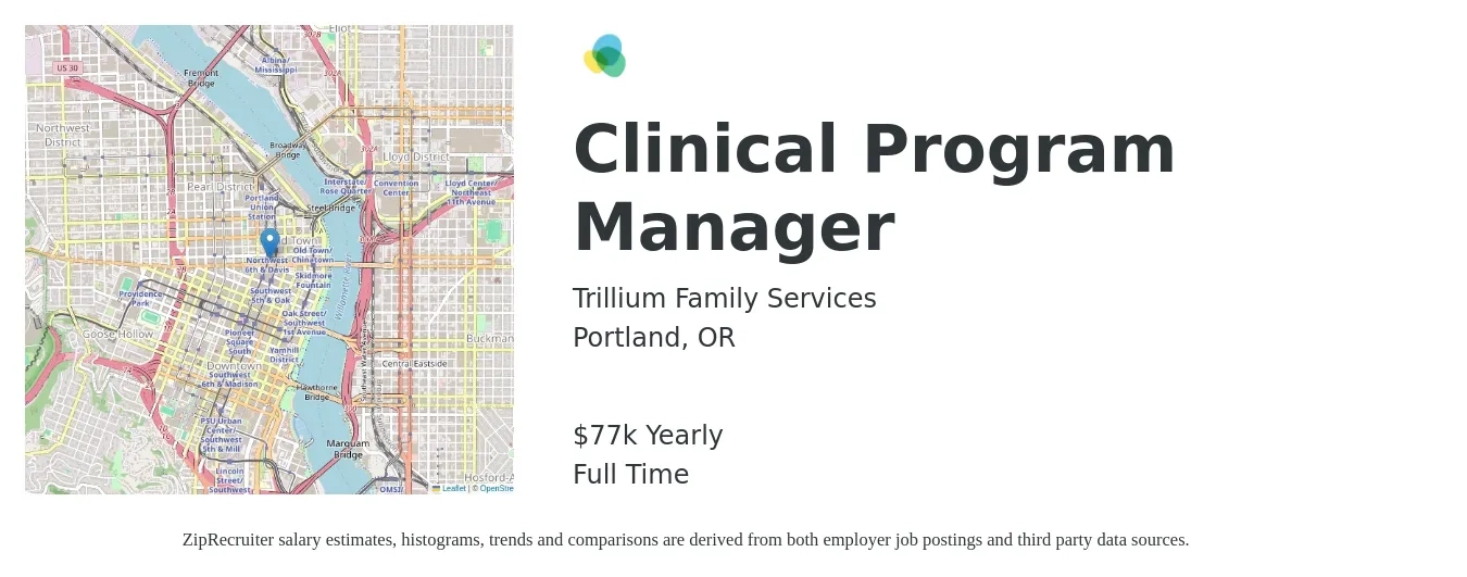 Trillium Family Services job posting for a Clinical Program Manager in Portland, OR with a salary of $77,980 Yearly with a map of Portland location.