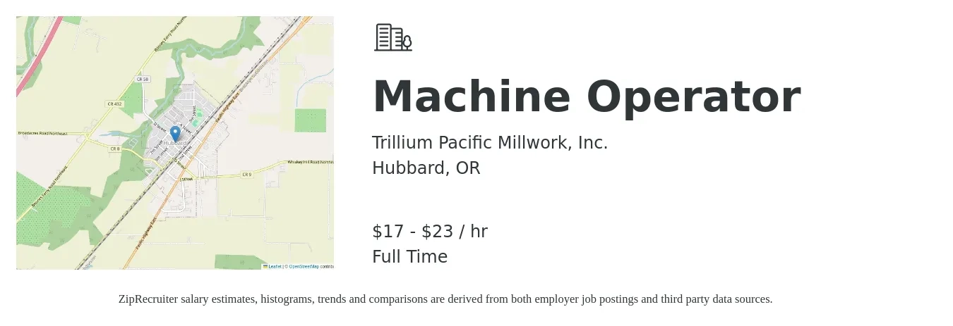 Trillium Pacific Millwork, Inc. job posting for a Machine Operator in Hubbard, OR with a salary of $18 to $24 Hourly with a map of Hubbard location.