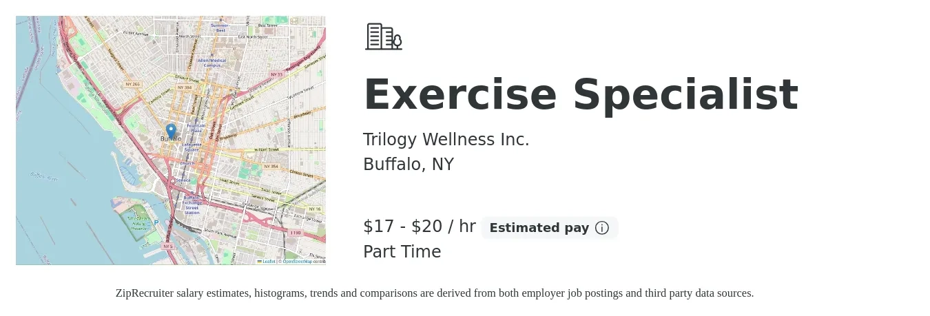 Trilogy Wellness Inc. job posting for a Exercise Specialist in Buffalo, NY with a salary of $18 to $21 Hourly with a map of Buffalo location.