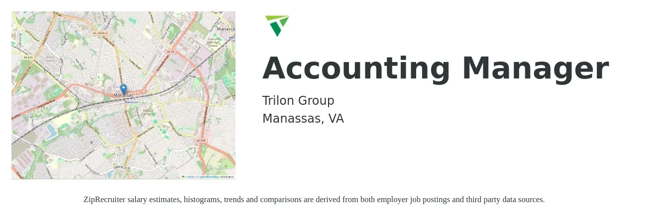 Trilon Group job posting for a Accounting Manager in Manassas, VA with a salary of $78,000 to $112,000 Yearly with a map of Manassas location.