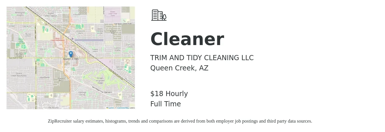 TRIM AND TIDY CLEANING LLC job posting for a Cleaner in Queen Creek, AZ with a salary of $19 Hourly with a map of Queen Creek location.