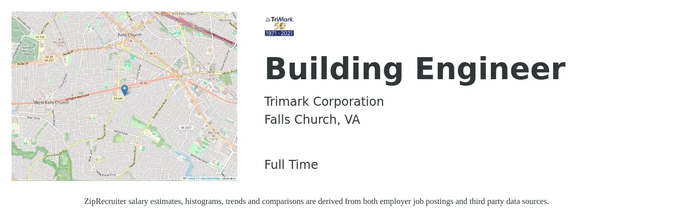 Trimark Corporation job posting for a Building Engineer in Falls Church, VA with a salary of $28 to $40 Hourly with a map of Falls Church location.