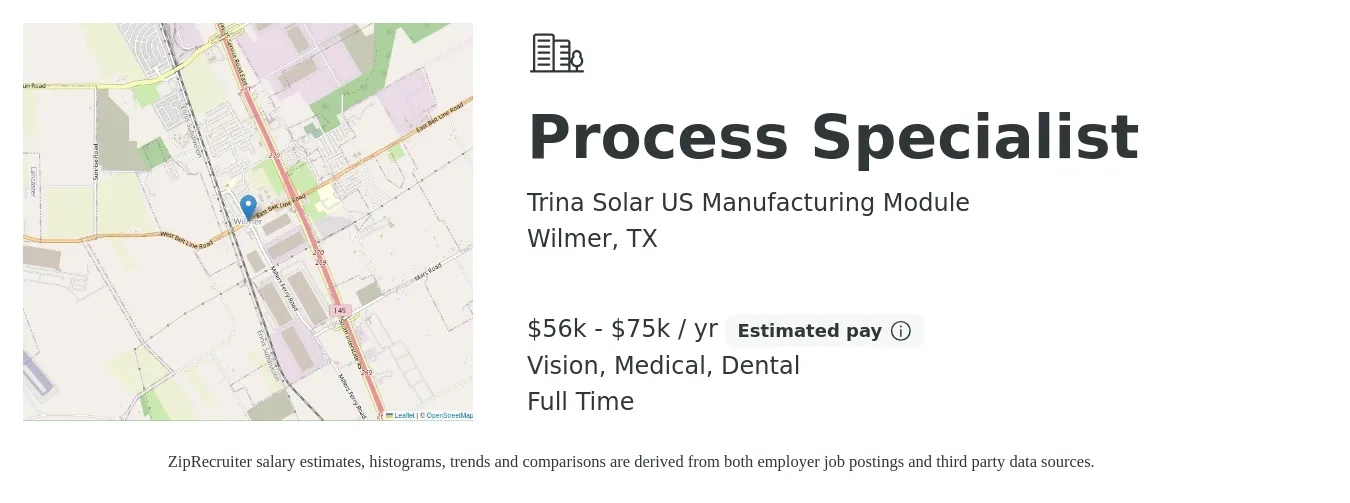 Trina Solar US Manufacturing Module job posting for a Process Specialist in Wilmer, TX with a salary of $56,000 to $75,000 Yearly and benefits including dental, medical, pto, and vision with a map of Wilmer location.