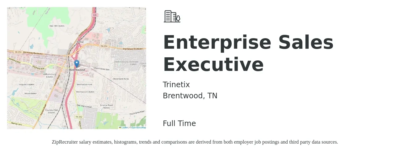 Trinetix job posting for a Enterprise Sales Executive in Brentwood, TN with a salary of $93,700 to $162,300 Yearly with a map of Brentwood location.