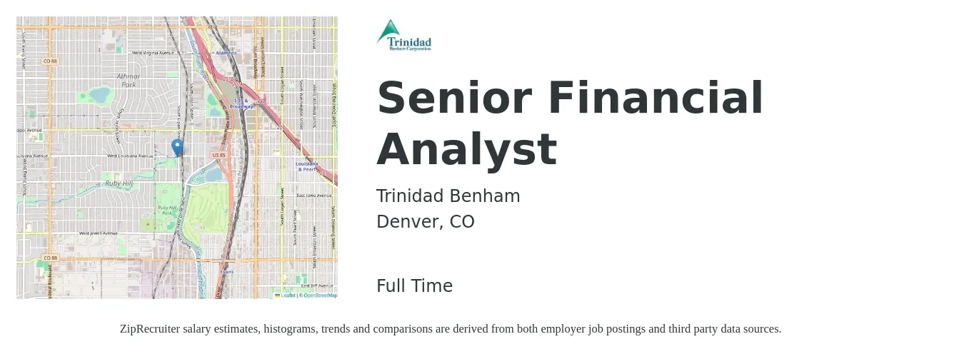 Trinidad Benham job posting for a Senior Financial Analyst in Denver, CO with a salary of $88,000 to $109,600 Yearly with a map of Denver location.