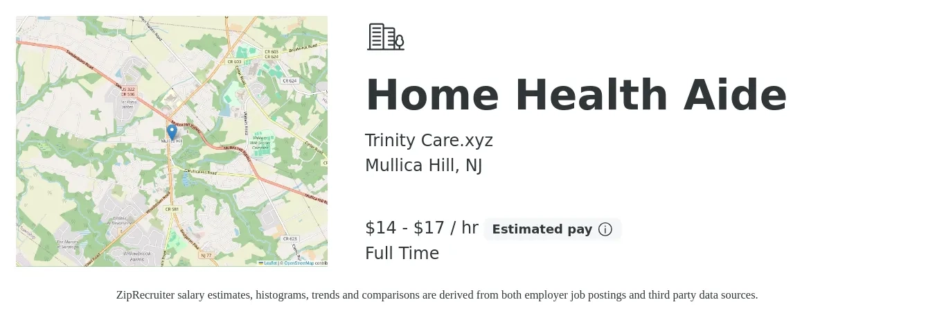Trinity Care.xyz job posting for a Home Health Aide in Mullica Hill, NJ with a salary of $15 to $18 Hourly with a map of Mullica Hill location.