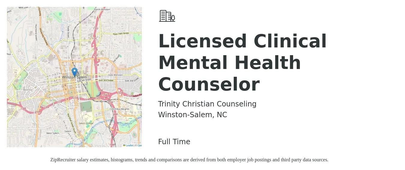 Trinity Christian Counseling job posting for a Licensed Clinical Mental Health Counselor in Winston-Salem, NC with a salary of $54,000 to $81,200 Yearly with a map of Winston-Salem location.