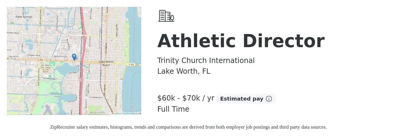 Trinity Church International job posting for a Athletic Director in Lake Worth, FL with a salary of $60,000 to $70,000 Yearly with a map of Lake Worth location.