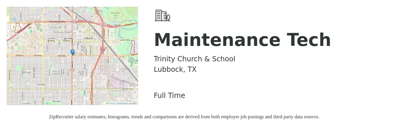 Trinity Church & School job posting for a Maintenance Tech in Lubbock, TX with a salary of $17 to $24 Hourly with a map of Lubbock location.