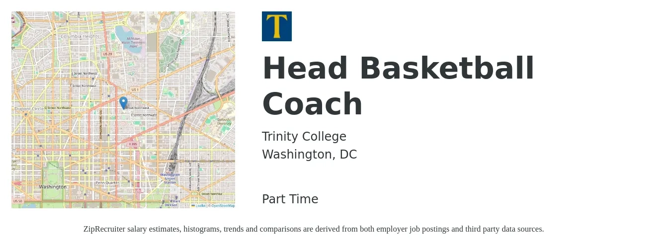 Trinity College job posting for a Head Basketball Coach in Washington, DC with a salary of $16 to $31 Hourly with a map of Washington location.
