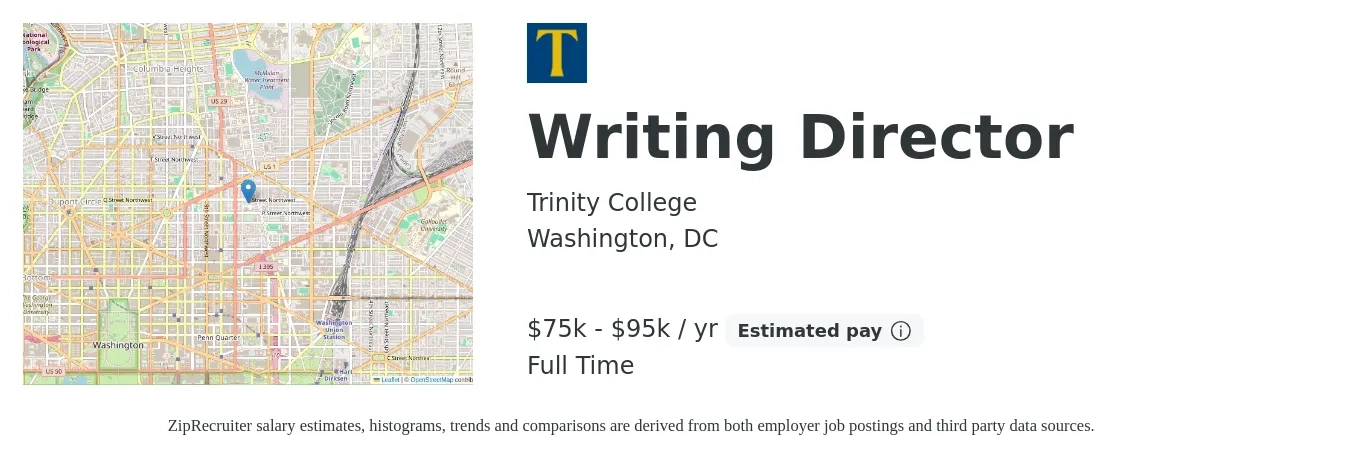 Trinity College job posting for a Writing Director in Washington, DC with a salary of $75,000 to $95,000 Yearly with a map of Washington location.