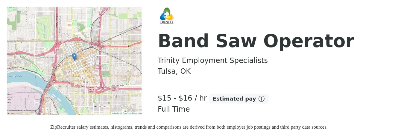 Trinity Employment Specialists job posting for a Band Saw Operator in Tulsa, OK with a salary of $16 to $17 Hourly with a map of Tulsa location.